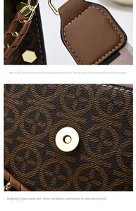Detail of golden hardware hooks and magnetic closure on brown monogram crossbody bag