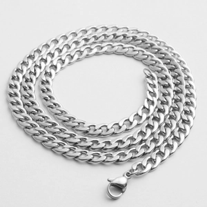 Polished silver Cuban link chain necklace in stainless steel with secure lobster clasp