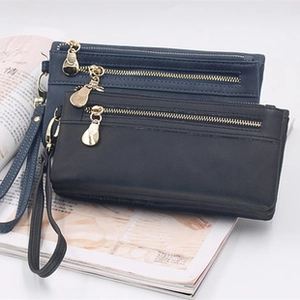 Vintage long PU leather wallet for women in black and navy blue with gold zipper