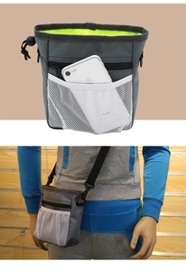 Detail of waterproof oxford pet treat bag with phone pocket and adjustable strap