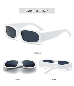 Three-view display of vintage rectangular white sunglasses with dark lenses
