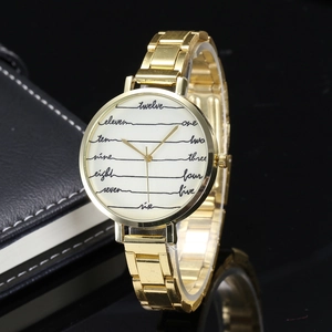 Detailed macro view of gold metal strap watch with white dial and English word indexes