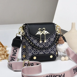 Navy blue monogram crossbody phone bag with pearl swan buckle and wide fashion strap