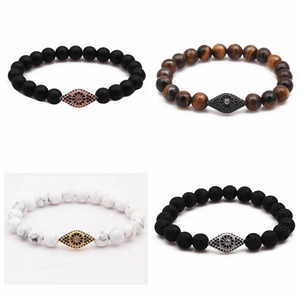 Evil Eye Cross Beaded Bracelet Natural Lava Stone Tiger Eye Howlite Agate Copper Micro Pave Zirconia Spiritual Jewelry