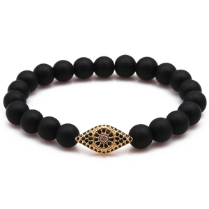 Lava stone and tiger eye beaded bracelet with gold-plated cubic zirconia evil eye charm