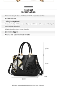 Detailed size chart for black PU leather handbag with 3D rose emboss and floral scarf