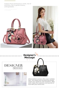 Detail of elegant handbag with 3D leather rose decor and silk scarf handle accent