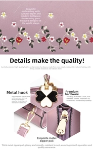 Close-up of floral embroidery texture and golden hardware accents on purple PU handbag