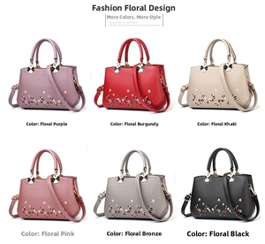 Matrix view of colorful PU leather tote bags with floral embroidery and clover charms