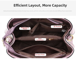 Detailed interior view of the purple handbag showing organized multi-layer compartments