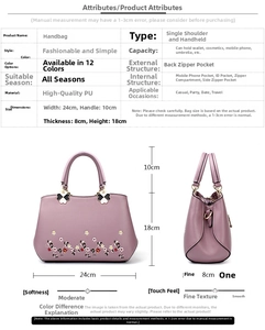 Detailed measurement chart of stylish PU leather handbag showing width height and depth