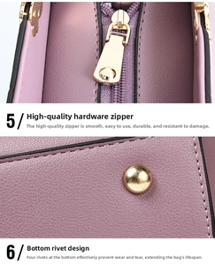 Detailed view of the smooth metal zipper and anti-wear bottom rivets on a purple leather bag