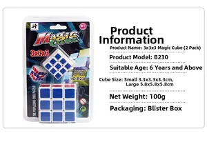 Detail of 3x3 Magic Cube set with product dimensions and specs in blister packaging