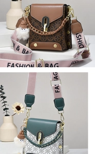 Detail of mini crossbody bag with woven handle, fashion strap and plush mascot charm