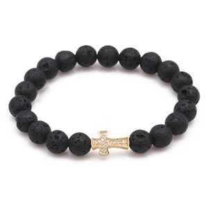 Tiger eye and lava stone beaded bracelet with gold plated zircon cross charm