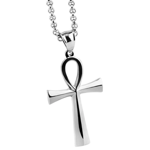 Minimalist silver stainless steel Egyptian Ankh cross pendant necklace with round link chain