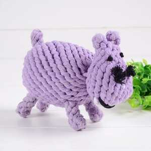 Close-up of durable purple hand-woven cotton rope pet toy in hippopotamus shape