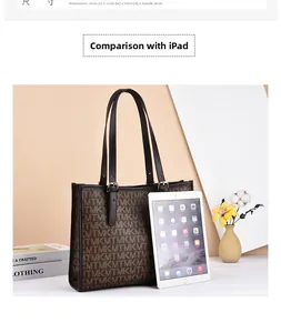 Comparaison de taille détaillée entre le cabas à monogramme marron et un iPad