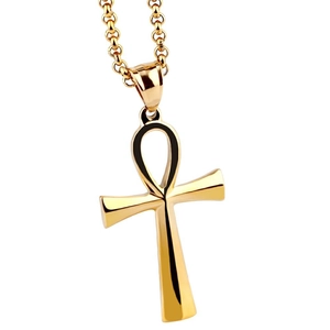 Minimalist gold stainless steel Ankh cross pendant necklace with polished loop chain