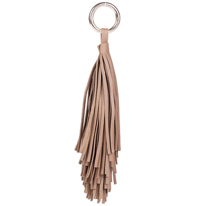 Porte-clés à pampilles en cuir marron avec anneau en métal doré sur fond blanc