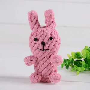Close-up of pink hand-woven cotton rope bunny pet toy with durable bite-resistant texture