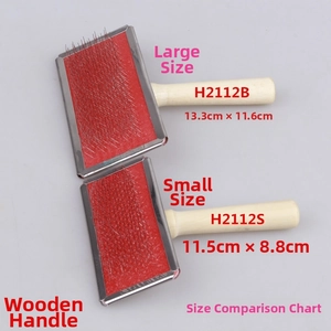 Comparison view showing sizes of wooden handle pet slicker brushes for cats and dogs
