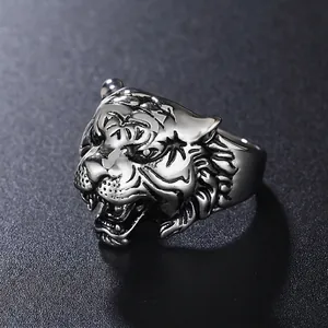 Vintage silver tiger head ring in gothic punk style crafted from durable stainless steel