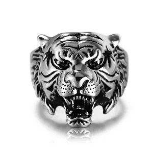 Men Tiger Head Ring Stainless Steel Roaring Animal 3D Relief Punk Retro Vintage Hip Hop Jewelry Accessory Masculine Style