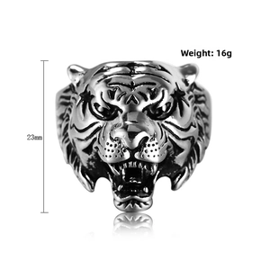 Macro detail of men's tiger head ring showing 23mm height and 16g weight specifications