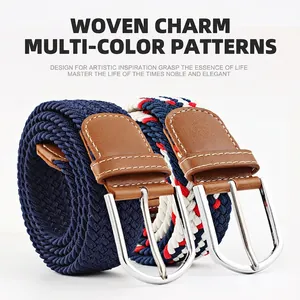 Elastic Braided Belt For Men And Women Alloy Pin Buckle Casual Woven Waistband With Synthetic Leather Trim Fashion