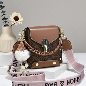 Women Vintage Monogram PU Leather Crossbody Bag Small Square Phone Bag With Wide Strap And Plush Pendant Fashion