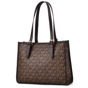 Sac fourre-tout marron avec logo imprimé pour femmes et boucles dorées élégantes