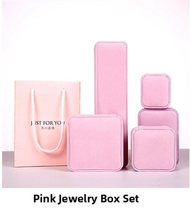 Pink velvet jewelry box set with matching paper gift bag featuring Just For You text