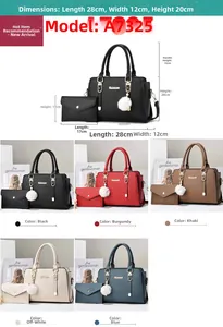 Detailed size chart of faux leather tote bag and pouch set with white pompom charm