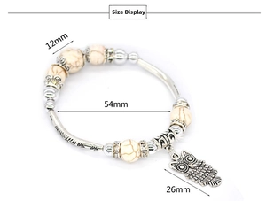 Detailed size chart for vintage beaded bracelet featuring owl pendant and marble texture beads