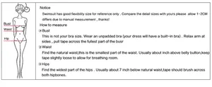 Detailed size guide for bikini swimwear with bust, waist, and hips measurement instructions