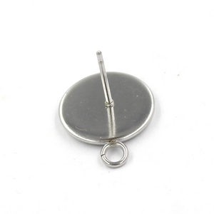 Polished silver stainless steel earring stud base with 12mm round tray and hanging loop