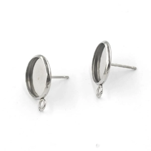 Macro view of polished silver stainless steel round earring stud bases with hanging loop
