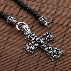 Punk vintage silver skull cross pendant necklace with black beaded chain for men and women