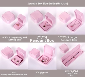 Detailed size guide for velvet jewelry boxes including rings, pendants, and bracelets