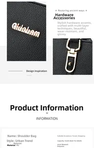 Detail of litchi-textured PU leather bag with golden logo and durable alloy hooks