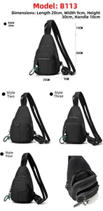 Detailed size specifications and internal compartments of large black nylon travel sling bag