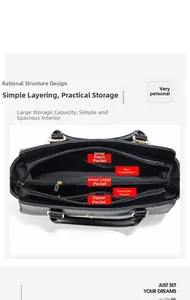 Detailed interior of black leather handbag showing multi-layer compartments and pockets