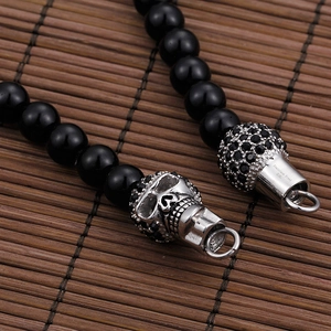 Retro punk skull necklace with 316L stainless steel beads and black stones for men and women