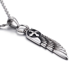 Silver stainless steel angel wing necklace with a small gemstone cross pendant
