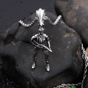 Silver soldier pendant necklace in stainless steel with twisted chain on dark rock base