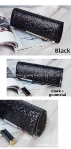 Detail of black sequin evening clutch with metallic silver frame and snap closure