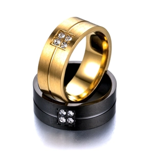 High-quality gold and black titanium steel couple rings with square zircon inlay detail