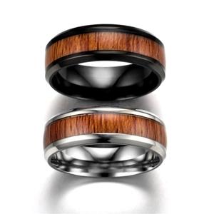 Vintage wood grain inlaid titanium steel rings for men in black and silver finishes