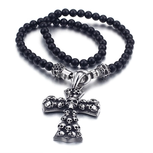Gothic punk necklace with black matte beads and silver metal skull cross pendant